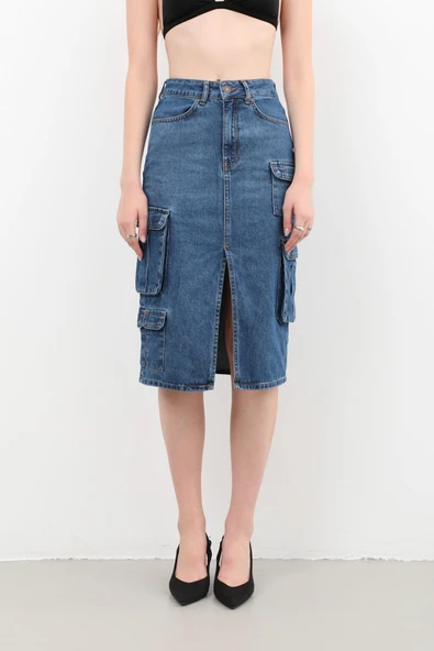 Kargo Cepli Önden Yırtmaçlı Jean Etek Mavi - 8