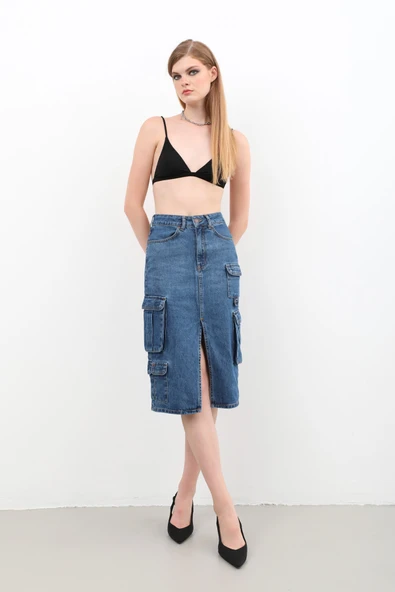 Kargo Cepli Önden Yırtmaçlı Jean Etek Mavi - 6