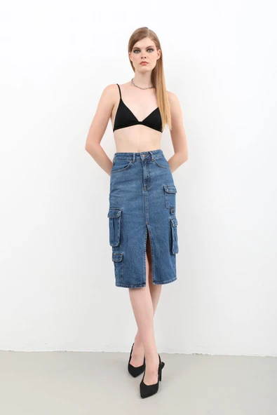 Kargo Cepli Önden Yırtmaçlı Jean Etek Mavi - 2