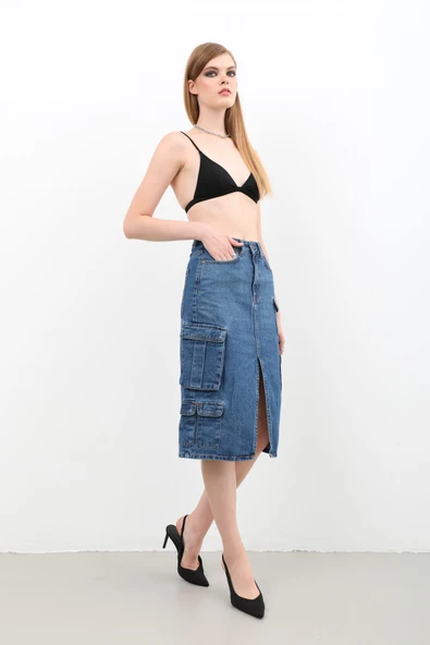 Kargo Cepli Önden Yırtmaçlı Jean Etek Mavi - 5