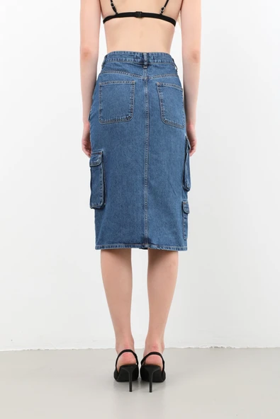 Kargo Cepli Önden Yırtmaçlı Jean Etek Mavi - 9