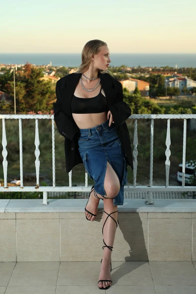 Kargo Cepli Önden Yırtmaçlı Jean Etek Mavi - 3