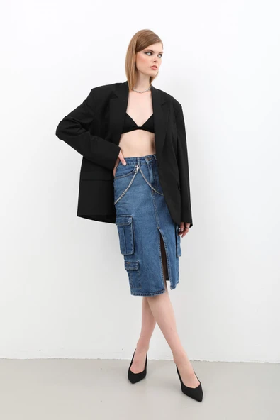 Kargo Cepli Önden Yırtmaçlı Jean Etek Mavi - 4