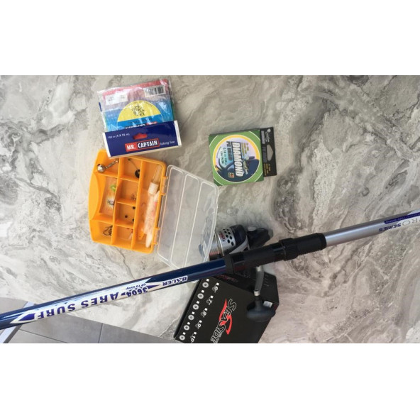 Olta Seti - Bauer 360 Ares Surf Kamış + SeaSide CP-5000 Olta Makinesi - İpek Misina ve 25'li set hediye - 7