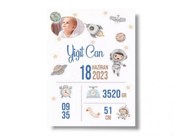 Bebeloya Uzay Temalı Doğum Panosu, erkek bebek tablosu, bebek doğum hediyesi