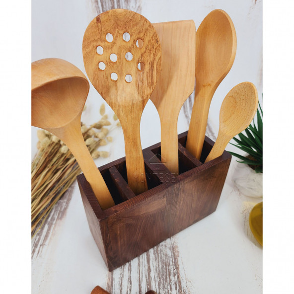 Standlı Ahşap Tahta Kaşık Seti Yemek Servis Sunum Kaşık Seti Ağaç Kaşıklık ( 6 Parça )
