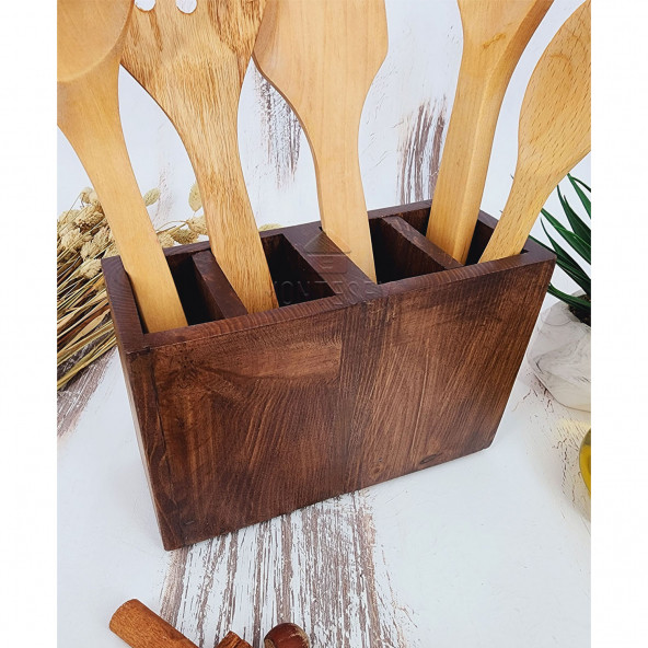 Standlı Ahşap Tahta Kaşık Seti Yemek Servis Sunum Kaşık Seti Ağaç Kaşıklık ( 6 Parça ) - 2