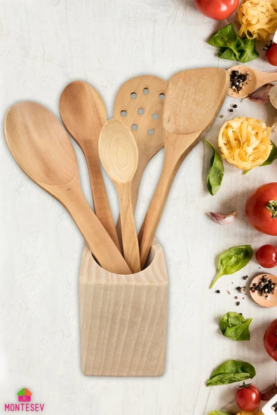 Standlı Ahşap Tahta Kaşık Seti Yemek Servis Sunum Kaşık Seti Ahşap Kaşıklık ( 5 Parça ) ürün görseli
