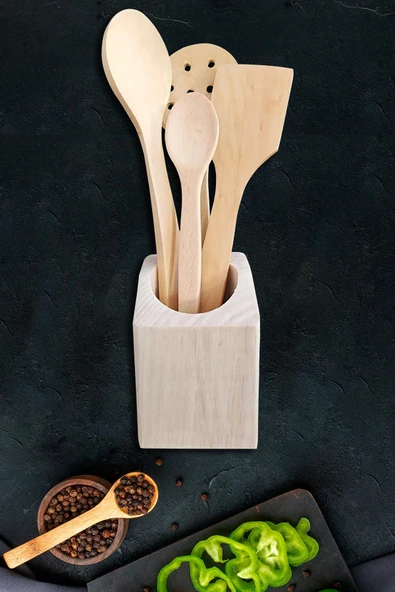 Standlı Ahşap Tahta Kaşık Seti Yemek Servis Sunum Kaşık Seti Ahşap Kaşıklık ( 5 Parça ) - 3