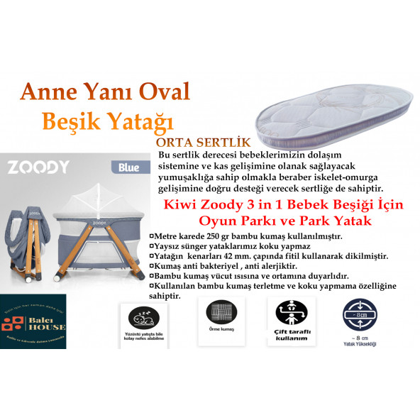 Kiwi Zoody Uyumlu 60x100x10 Cm Anne Yanı Oval Beşik Yatağı - 4