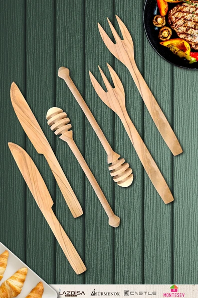 Zeytin Ağacı Ahşap Tahta Bal Reçel Kaşığı Kahvaltı Çatalı Kahvaltı Bıçağı Seti ( ZEYTİN AĞACI ) - 1