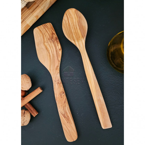 Zeytin Ağacı Ahşap Tahta Kaşık Spatula Seti 2 Parça ( ZEYTİN AĞACI ) Ağaç Kaşık - 2