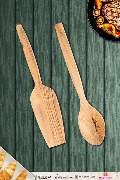 Zeytin Ağacı Ahşap Tahta Kaşık Spatula Seti 2 Parça ( ZEYTİN AĞACI ) Ağaç Kaşık - 1