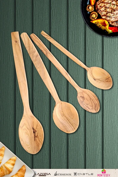 Zeytin Ağacı Ahşap Tahta Kaşık Seti ( ZEYTİN AĞACI ) Ağaç Kaşık 4 Parça - 1