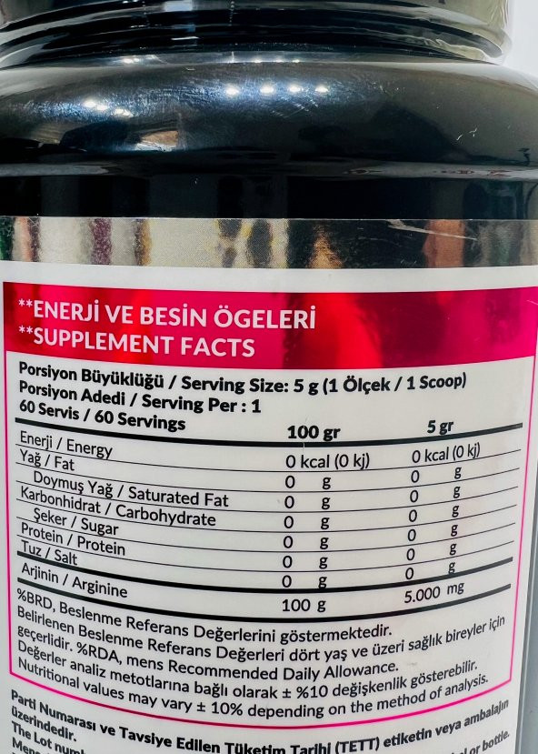 100 Arginine 300 Gram Aromasız 60 Servis - 3