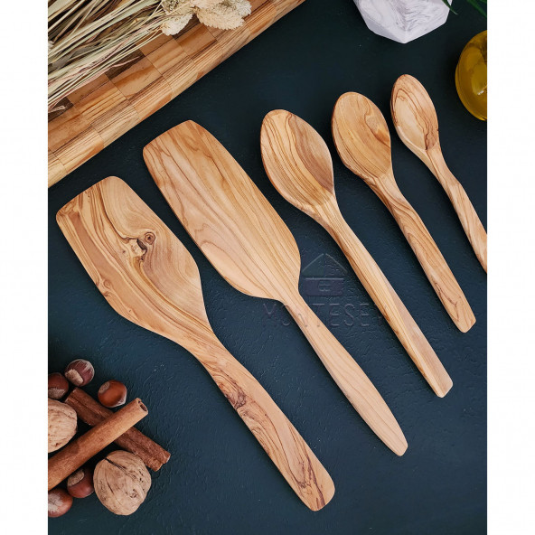 Zeytin Ağacı Ahşap Tahta Kaşık Spatula Seti ( ZEYTİN AĞACI ) Ağaç Kaşık - 3