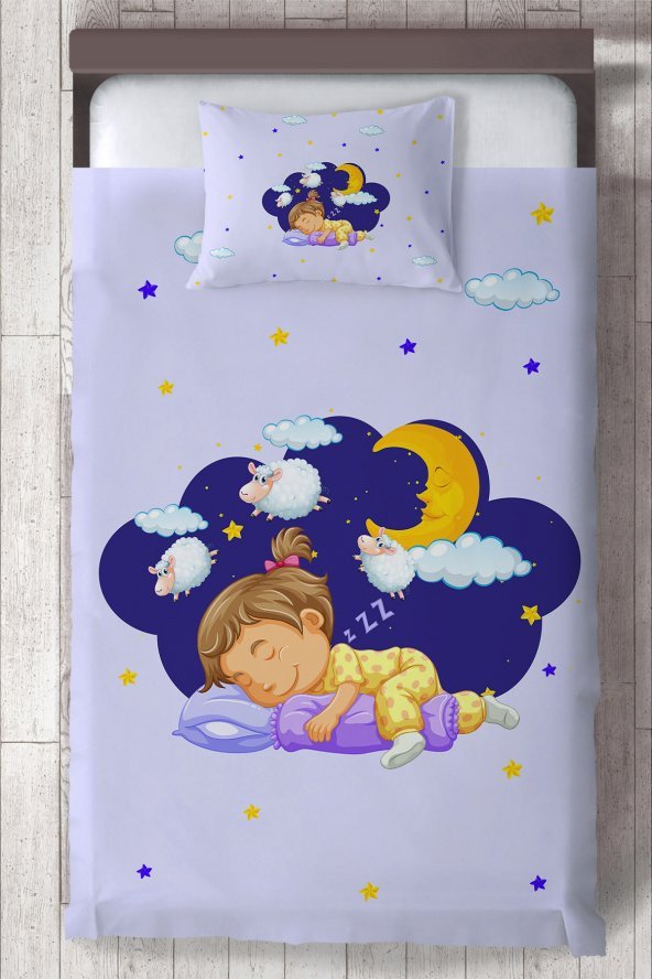 Bebek ve Çocuk Odası Uyuyan Çocuk Desenli, Organik Boyalı, Renkli Yatak Örtüsü Seti Toplam 2 Parça ( 1 adet Yatak Örtüsü 140x220cm, 1 adet Yastık Kılıfı 50x70cm)-058