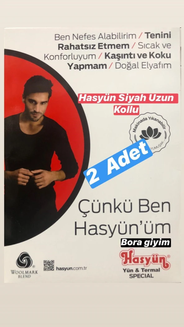 Hasyün Serkek Uzun Kollu Siyah Fanila Yün İçlik 2 Adet