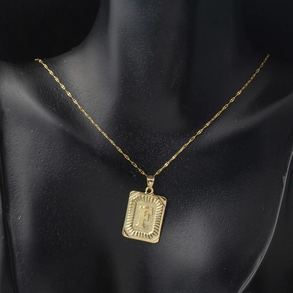 F Harf Kolye 14 Ayar Kare Altın Plakalı - Resim 2