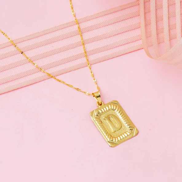 D Harf Kolye 14 Ayar Kare Altın Plakalı - Resim 3