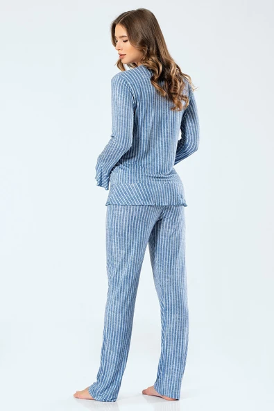 Türen Kadın Çizgili Uzun Kollu V Yaka Düğmeli Pijama Takım - 3