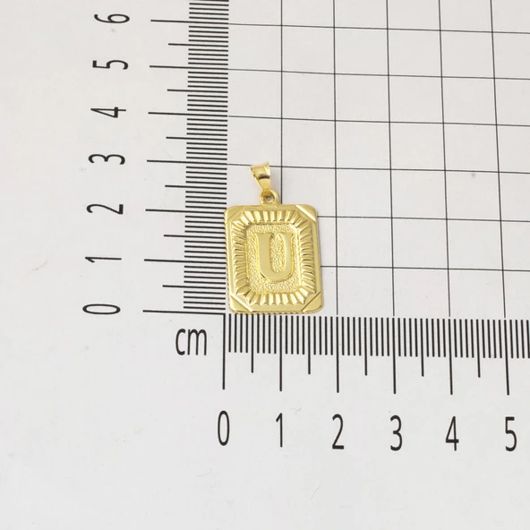 U Harf Kolye 14 Ayar Kare Altın Plakalı - Resim 5