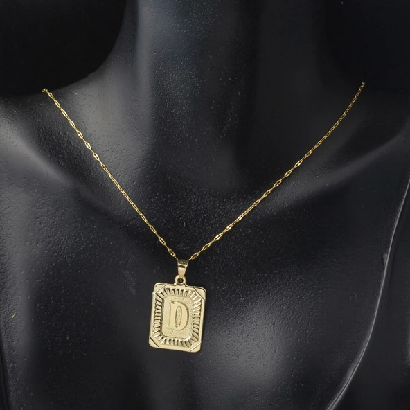 D Harf Kolye 14 Ayar Kare Altın Plakalı - Resim 2
