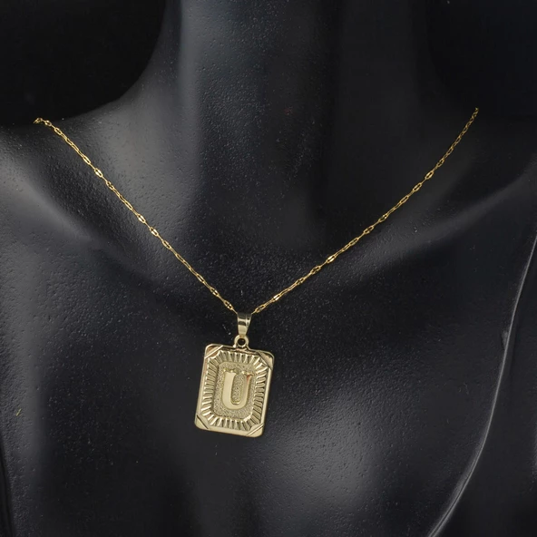 U Harf Kolye 14 Ayar Kare Altın Plakalı - Resim 2