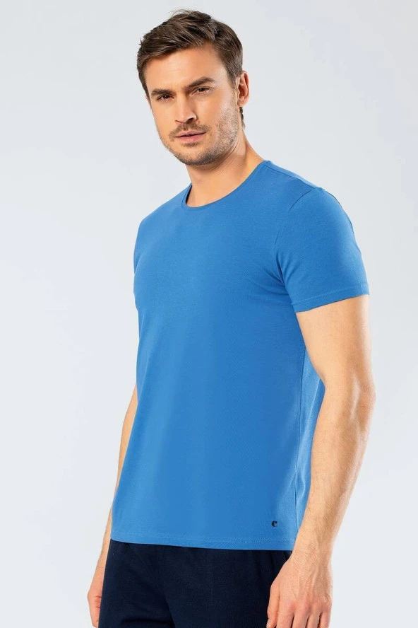 Cacharel Erkek Bisiklet Yaka Likralı T-shirt Mavi