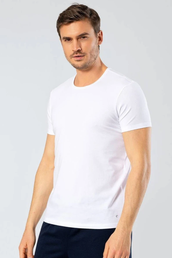 Cacharel Erkek Bisiklet Yaka Likralı T-shirt Beyaz