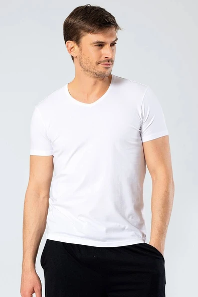 Cacharel Erkek V Yaka Likralı T-shirt Beyaz - 5