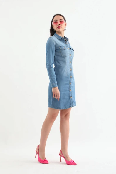 Kadın Uzun Kollu Düğmeli Jean Elbise Açık Mavi - 3