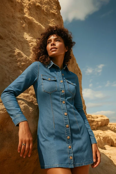 Kadın Uzun Kollu Düğmeli Jean Elbise Açık Mavi