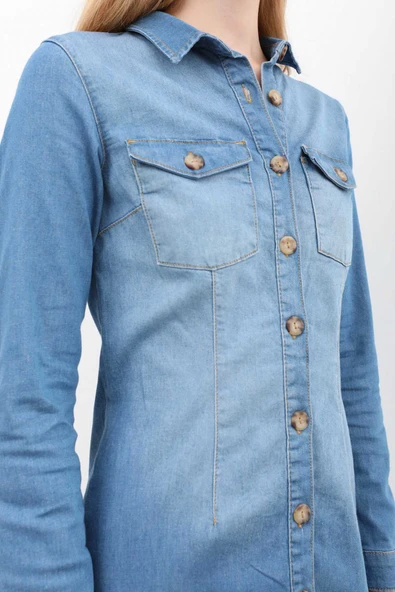 Kadın Uzun Kollu Düğmeli Jean Elbise Açık Mavi - 6