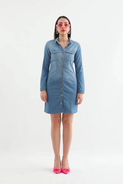 Kadın Uzun Kollu Düğmeli Jean Elbise Açık Mavi - 4