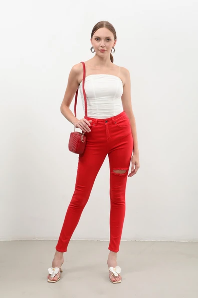 Kadın Yırtık Detaylı Jean Pantolon Kırmızı - 4