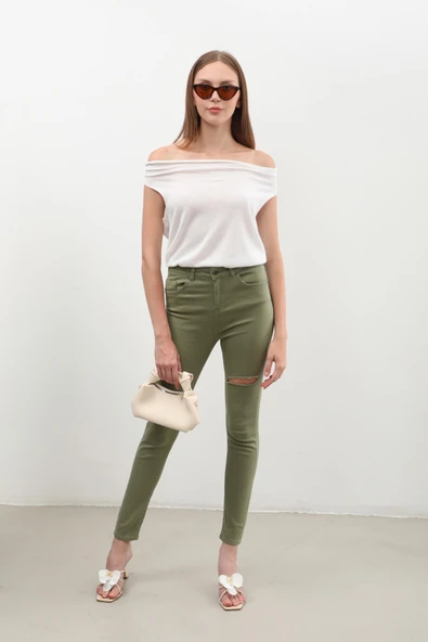 Kadın Yırtık Detaylı Jean Pantolon Haki - Resim 2