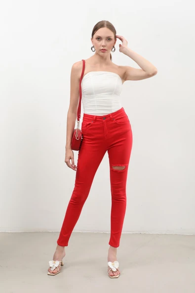Kadın Yırtık Detaylı Jean Pantolon Kırmızı - 3
