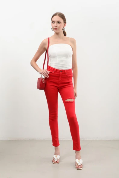 Kadın Yırtık Detaylı Jean Pantolon Kırmızı - 2