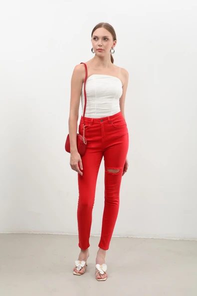 Kadın Yırtık Detaylı Jean Pantolon Kırmızı - 5