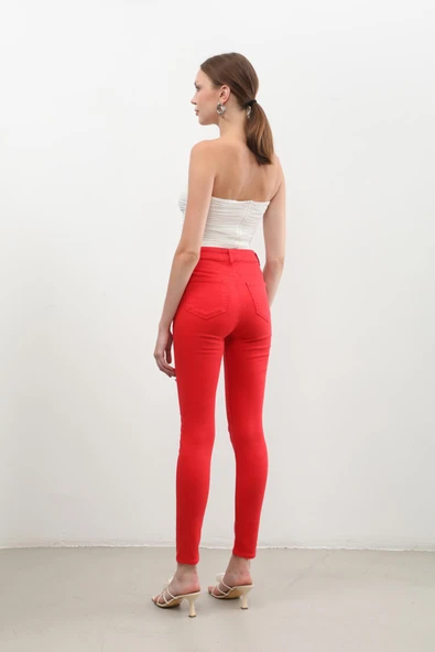 Kadın Yırtık Detaylı Jean Pantolon Kırmızı - 7