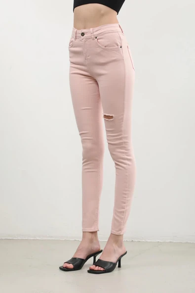 Kadın Pudra Yırtık Detaylı Jean Pantolon - Resim 8