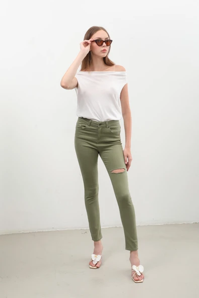 Kadın Yırtık Detaylı Jean Pantolon Haki - Resim 4