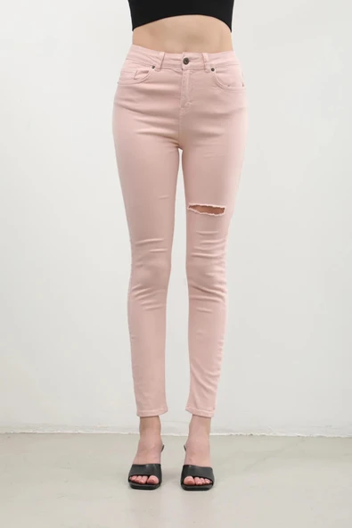 Kadın Pudra Yırtık Detaylı Jean Pantolon - Resim 7