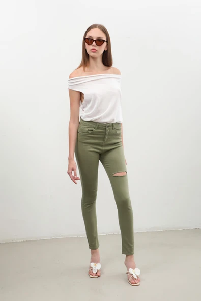 Kadın Yırtık Detaylı Jean Pantolon Haki - Resim 5