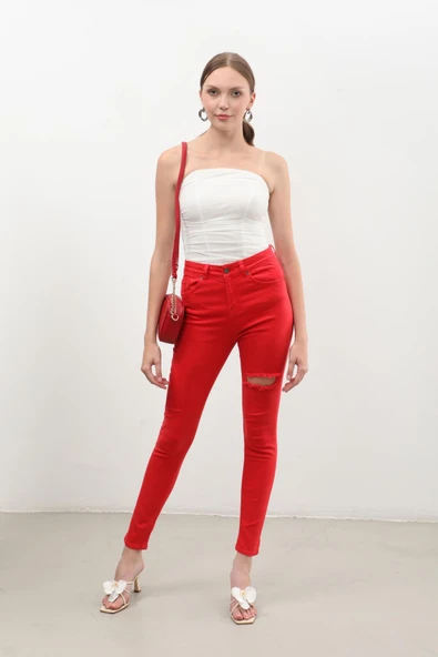 Kadın Yırtık Detaylı Jean Pantolon Kırmızı - 6