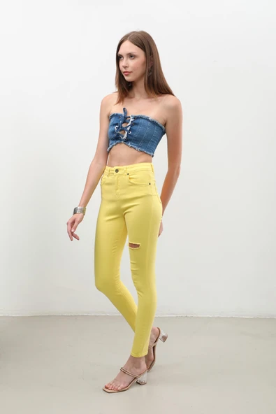 Kadın Yırtık Detaylı Jean Pantolon Sarı - Resim 8