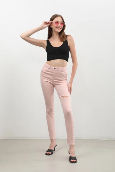 Kadın Pudra Yırtık Detaylı Jean Pantolon - Resim 12