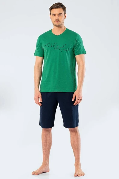 Türen Erkek Baskılı V Yaka Bermuda Şort Pijama Takım - 3