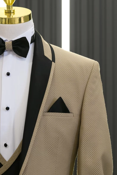 Slimfit Armürlü Şal Yaka Yelekli Papyonlu Smokin Takım Elbise - 2